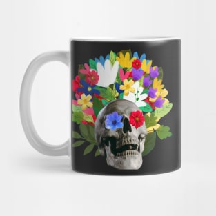 sweet and subliminal skeletal skull with flowers of various colors Mug